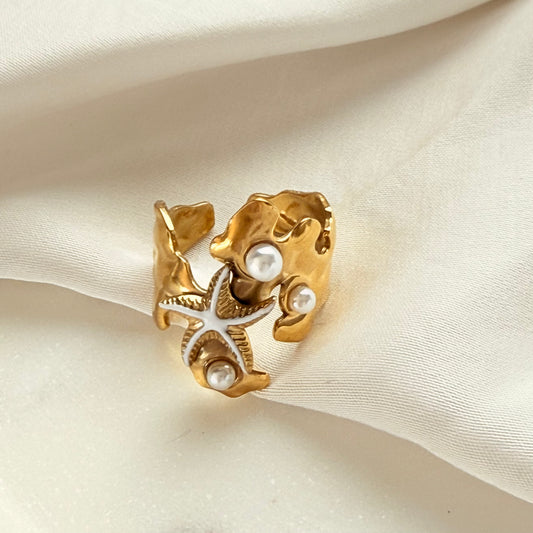 Ring Seestern mit Perlen Gold